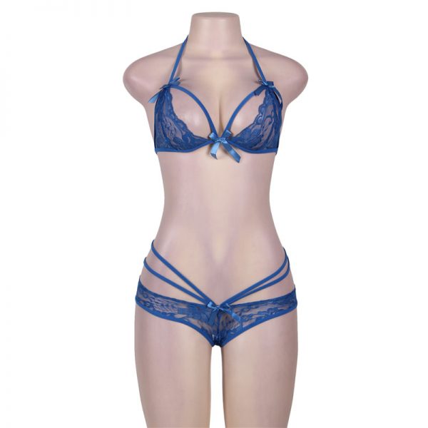 Blue Halter Strappy Lace Bra Set Wholesale