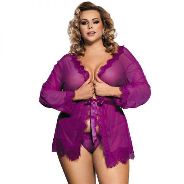 Sheer Lace Trim Purple Robe With Thong