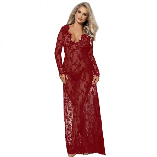 Wine Red Delicate Lace Long Sleepwear Gown